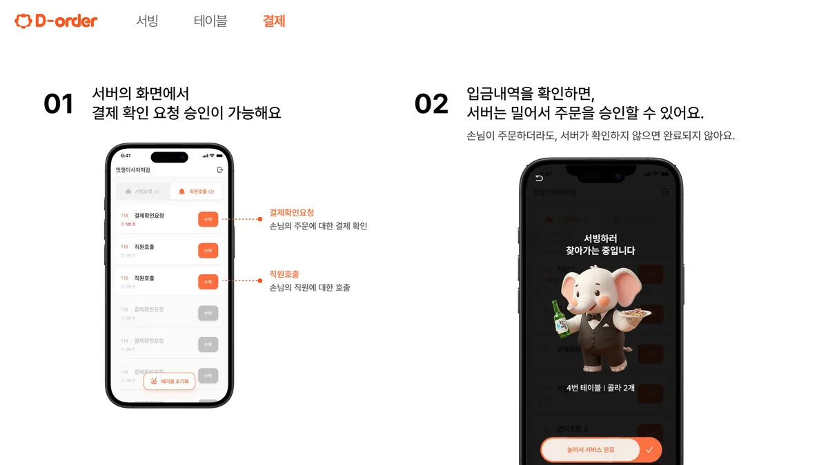 결제 승인 — 손님 주문을 서버가 입금 확인 후 승인하며, 서버가 확인하지 않으면 완료되지 않습니다.
